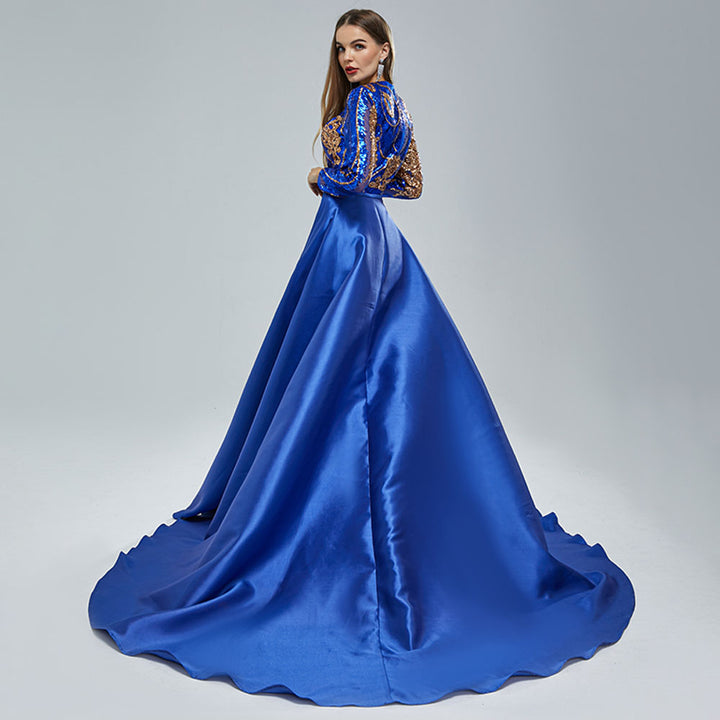 Long Royal Blue Sequins Pageant Evening Dress with Detachable Train EN5406