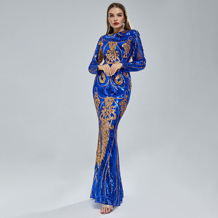 Long Royal Blue Sequins Pageant Evening Dress with Detachable Train EN5406
