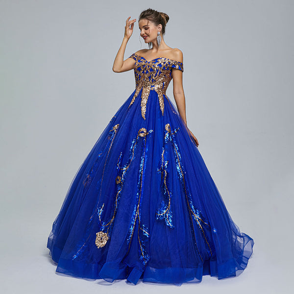 Royal Blue Puffy Ball Gown with Off the Shoulder Neckline EN5304