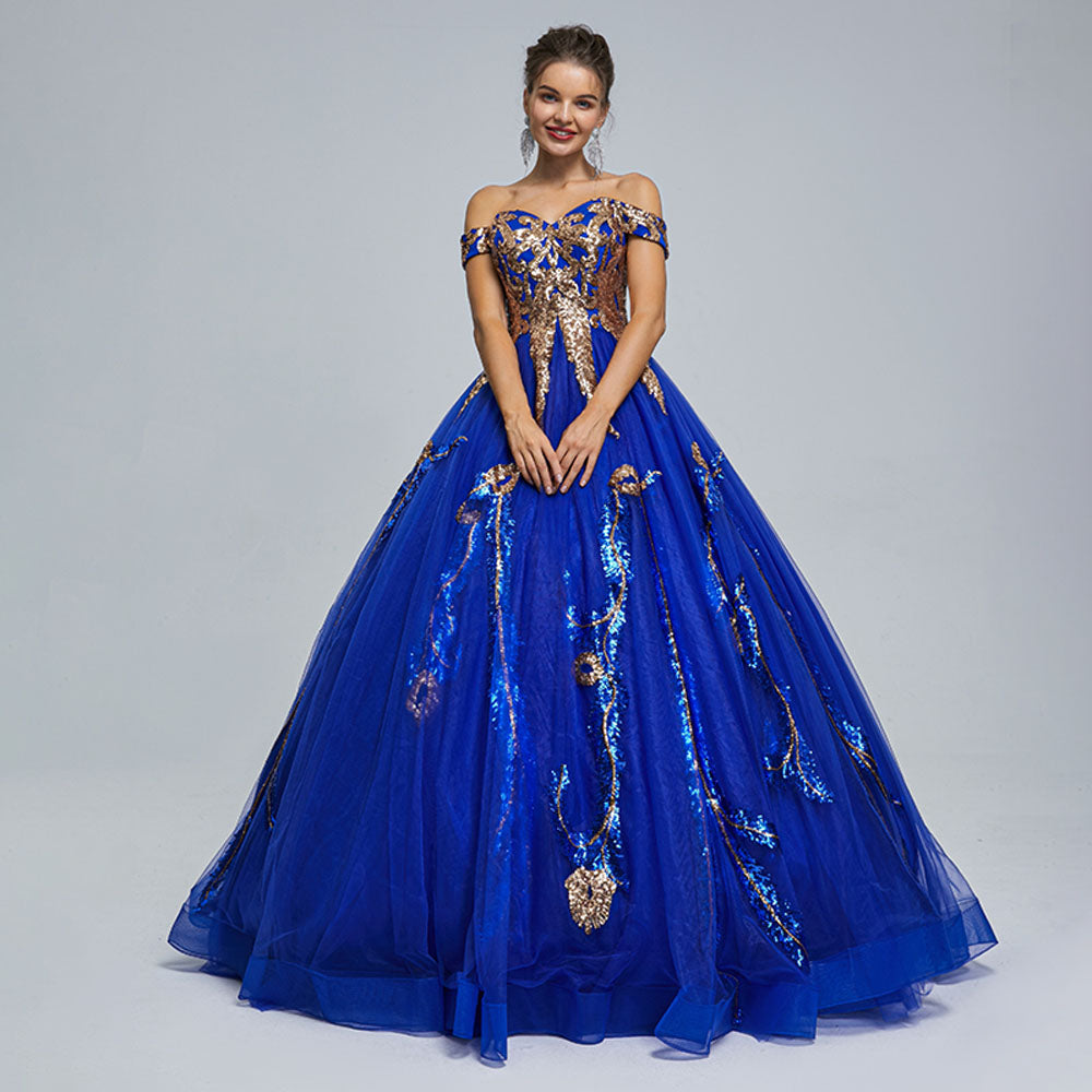 Royal Blue Puffy Ball Gown with Off the Shoulder Neckline EN5304 Size 12 / Blue