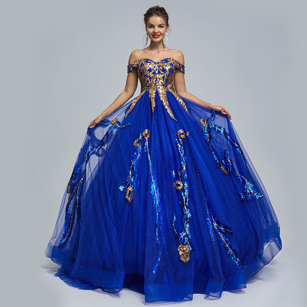 Royal Blue Puffy Ball Gown with Off the Shoulder Neckline EN5304