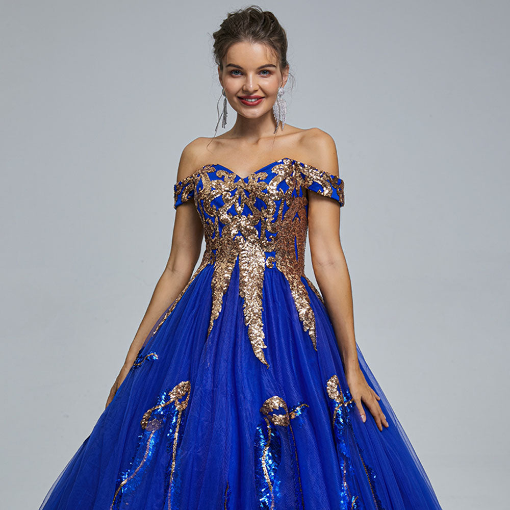 Royal Blue Puffy Ball Gown with Off the Shoulder Neckline EN5304