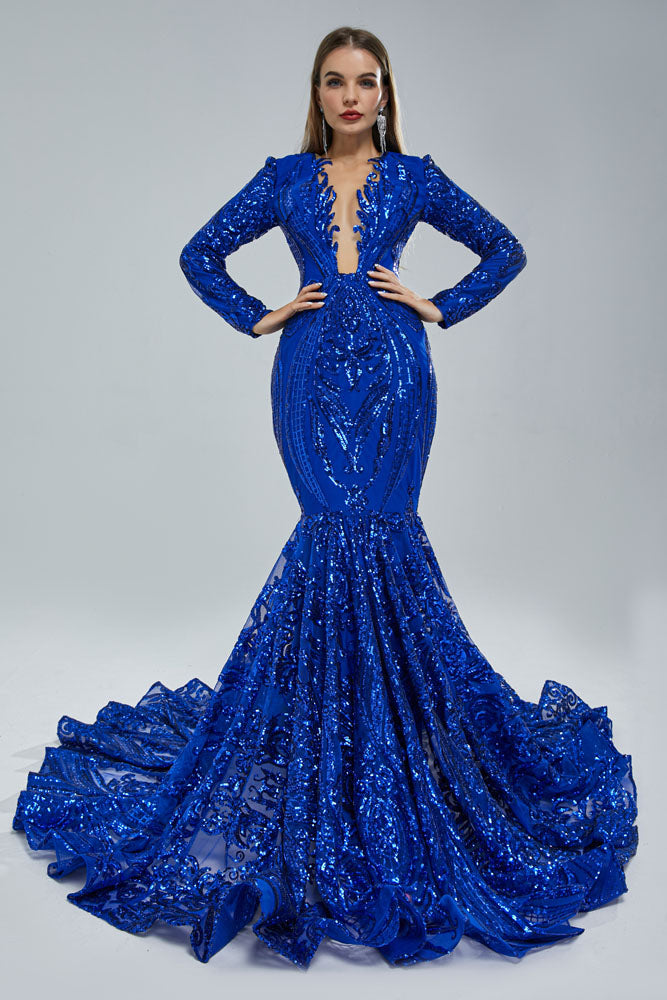 royal blue Long Fitted Sequins Lace Mermaid Evening Dress with Plunging Neck EN5405