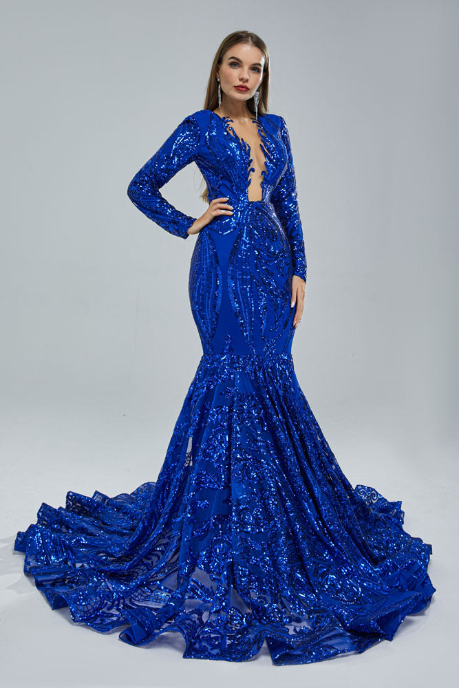 Blue Long Fitted Sequins Lace Mermaid Evening Dress with Plunging Neck EN5405