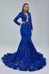 Navy Long Fitted Sequins Lace Mermaid Evening Dress with Plunging Neck EN5405