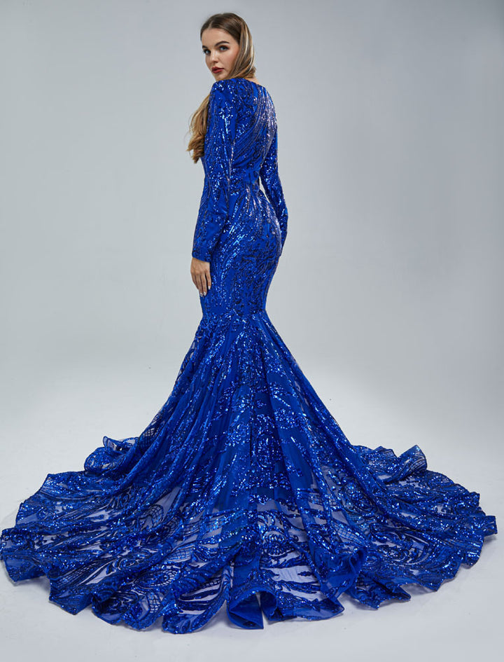 Royal Blue Long Fitted Sequins Lace Mermaid Evening Dress with Plunging Neck EN5405