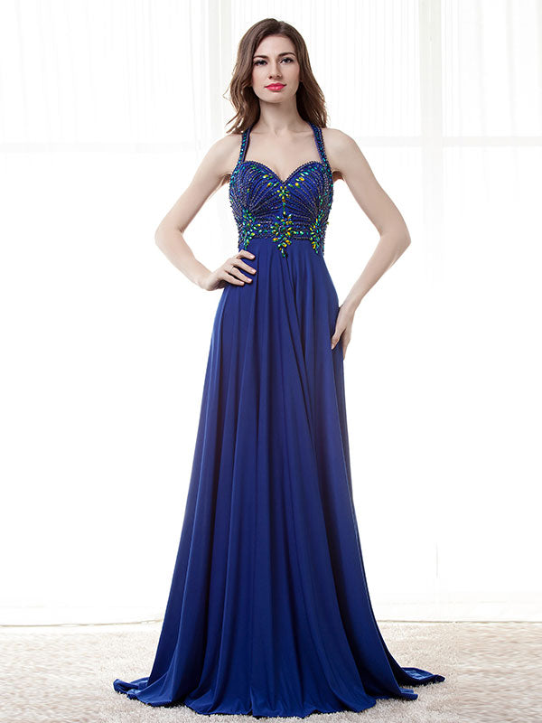 Royal Blue Halter Chiffon Formal Prom Evening Dress