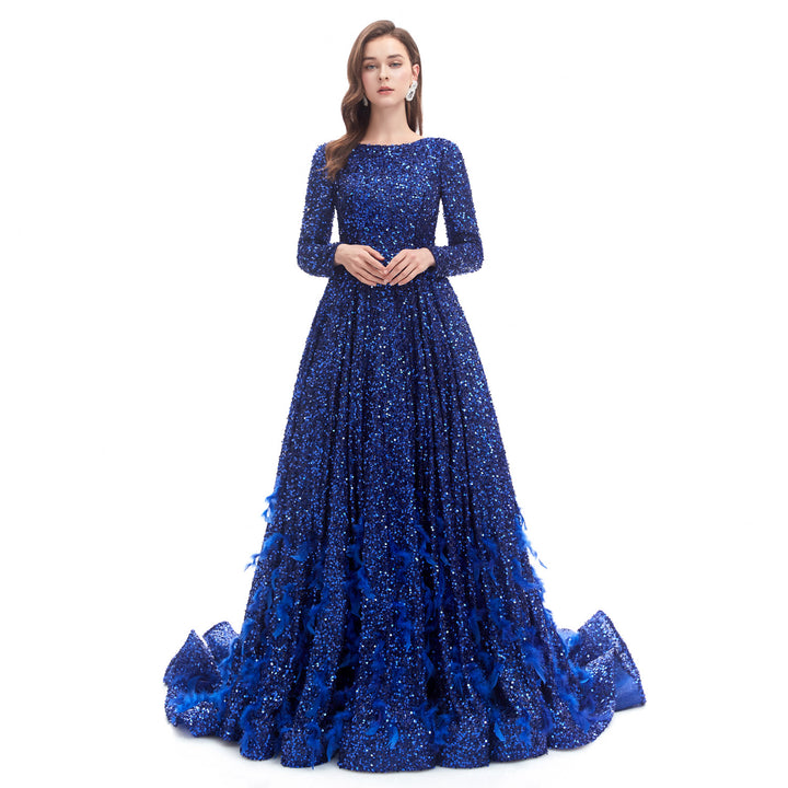 Modest Royal Blue Sequins Ball Gown Formal Dress EN4606