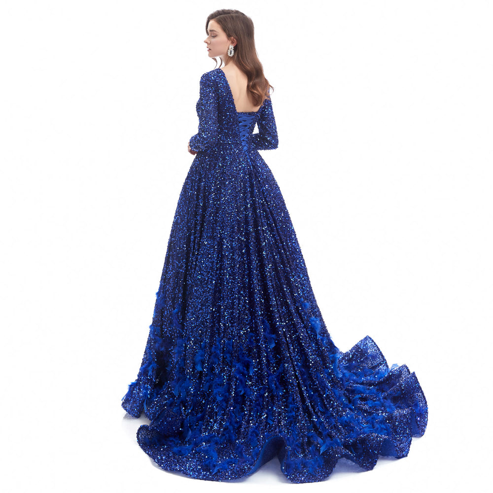 Modest Royal Blue Sequins Ball Gown Formal Dress EN4606