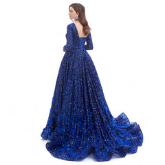 Modest Royal Blue Sequins Ball Gown Formal Dress EN4606