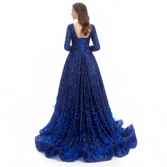 Modest Royal Blue Sequins Ball Gown Formal Dress EN4606