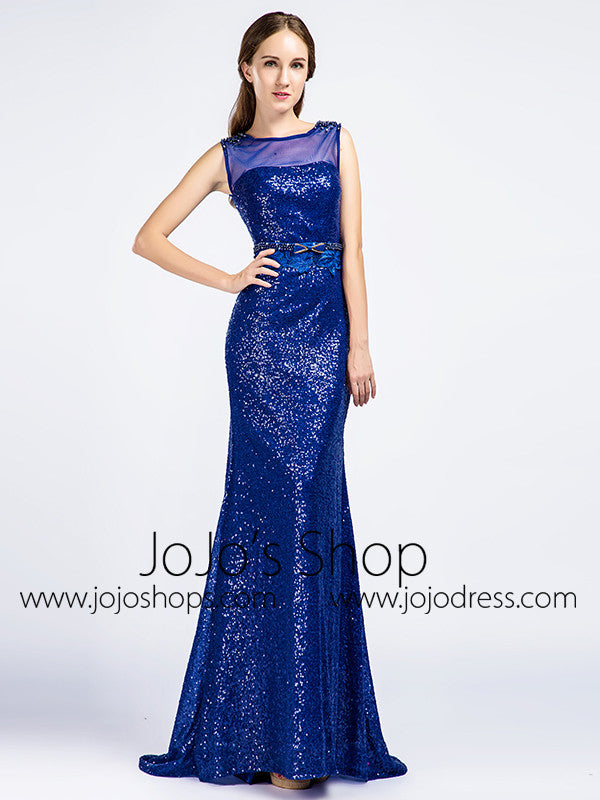 Sequined Shimmery Royal Blue Long Formal Prom Evening Dress 