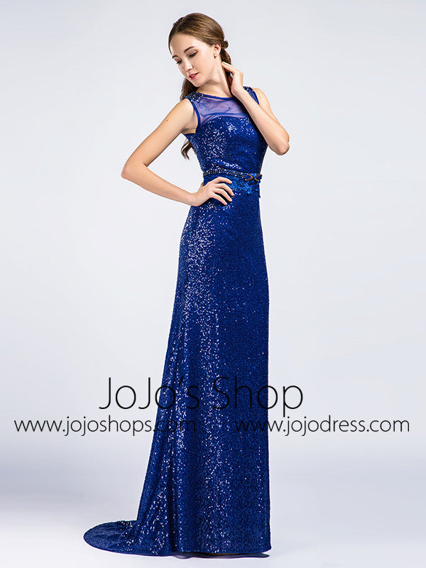 Sequined Shimmery Royal Blue Long Formal Prom Evening Dress 