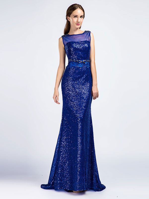 Sequined Shimmery Royal Blue Long Formal Prom Evening Dress 