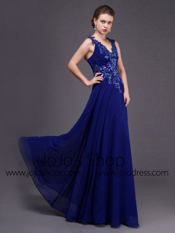 Grecian Royal Blue V Neck Chiffon Formal Dress 