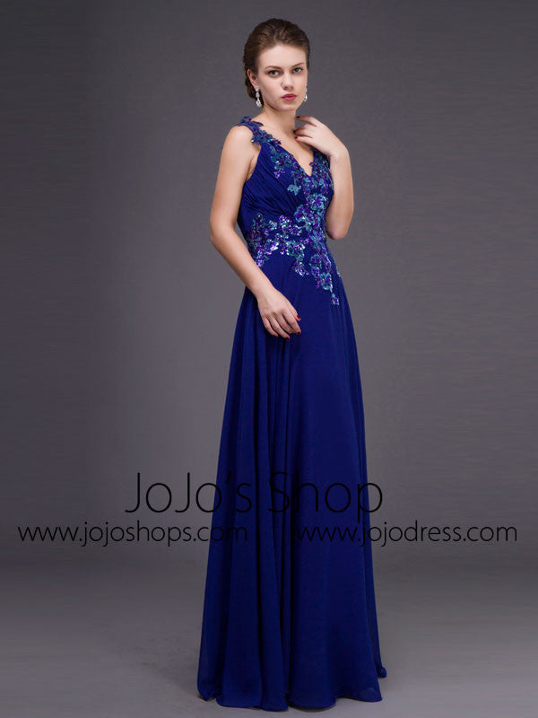 Grecian Royal Blue V Neck Chiffon Formal Dress 