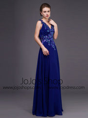 Grecian Royal Blue V Neck Chiffon Formal Dress 