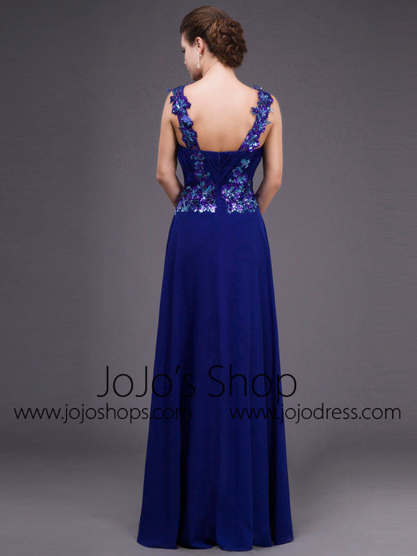 Grecian Royal Blue V Neck Chiffon Formal Dress 