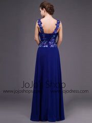 Grecian Royal Blue V Neck Chiffon Formal Dress 
