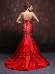 Scarlet Red Sexy Strapless Fit and Flare Mermaid Wedding Dress Formal Evening Gown Prom Dress X013