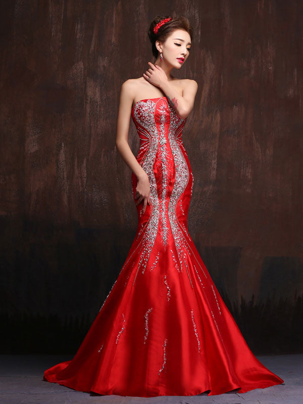 Scarlet Red Sexy Strapless Fit and Flare Mermaid Wedding Dress Formal Evening Gown Prom Dress X013