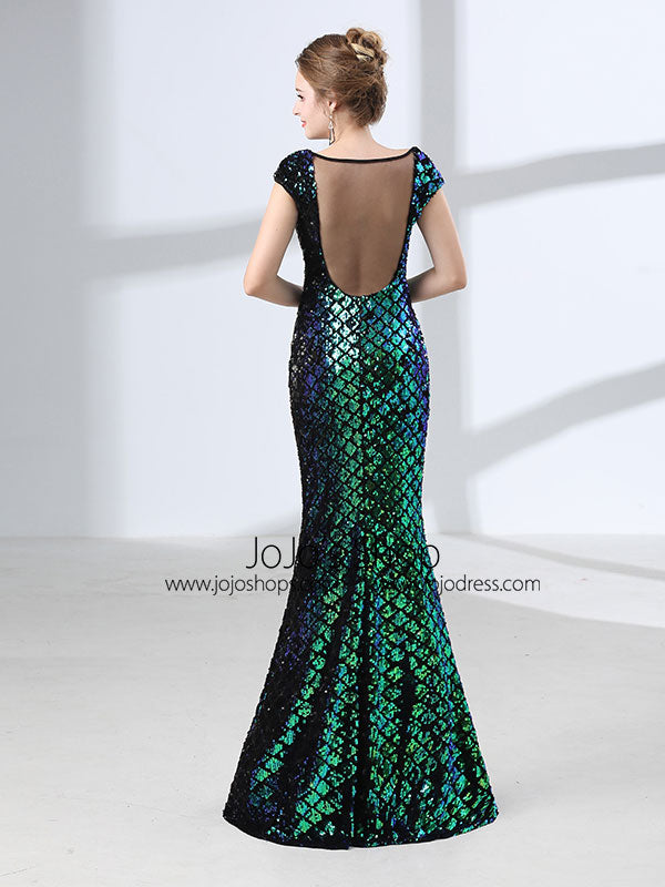 Green Sequins Long Formal Prom Evening Dress with Cap Sleeves