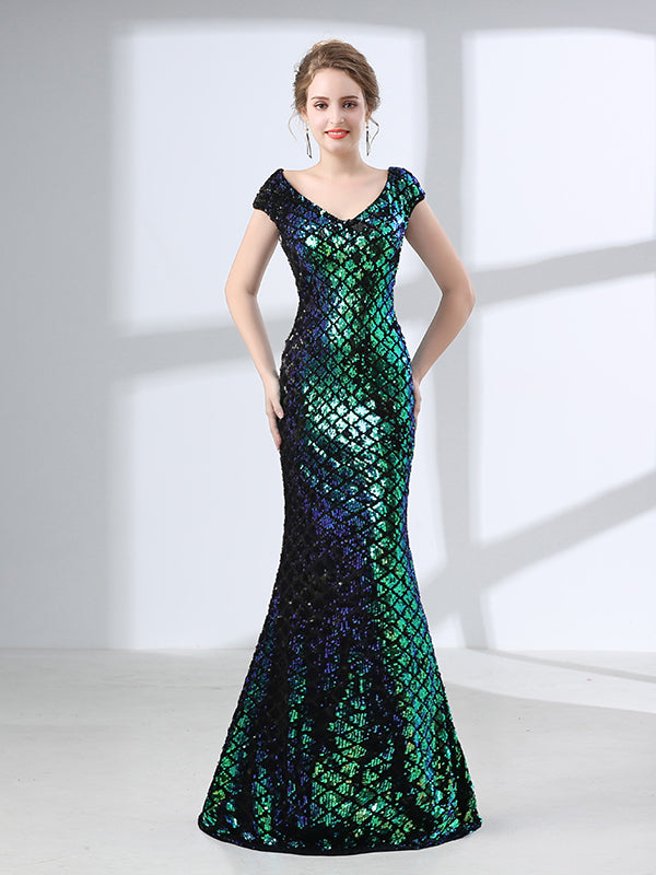 Green Sequins Long Formal Prom Evening Dress with Cap Sleeves