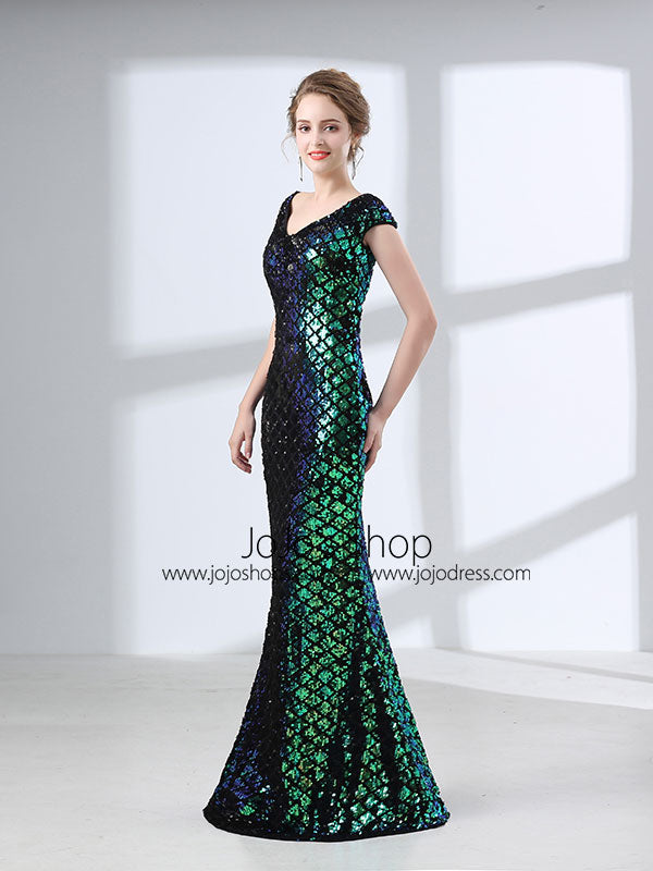 Green Sequins Long Formal Prom Evening Dress with Cap Sleeves