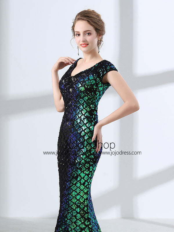 Green Sequins Long Formal Prom Evening Dress with Cap Sleeves