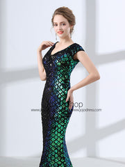 Green Sequins Long Formal Prom Evening Dress with Cap Sleeves