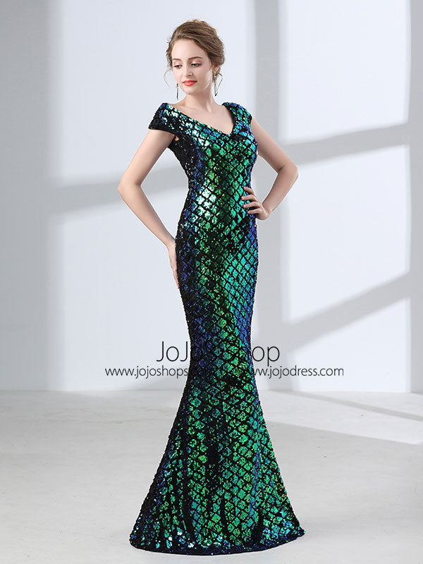 Green Sequins Long Formal Prom Evening Dress with Cap Sleeves