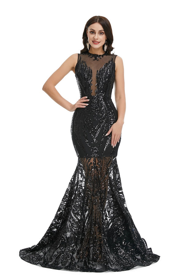 Sexy Black Sequins Maxi Mermaid Formal Prom Evening Dress EN5007