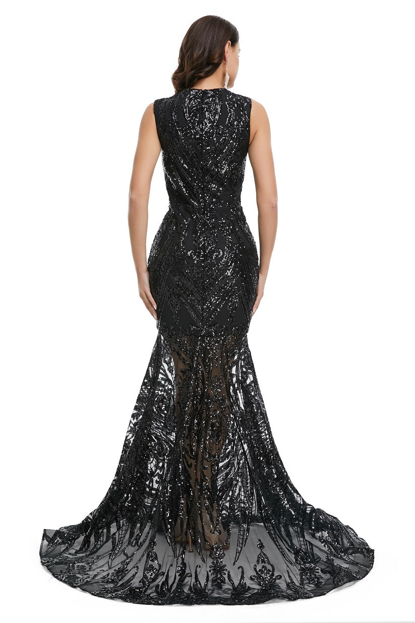 Sexy Black Sequins Maxi Mermaid Formal Prom Evening Dress EN5007