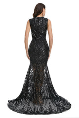 Sexy Black Sequins Maxi Mermaid Formal Prom Evening Dress EN5007