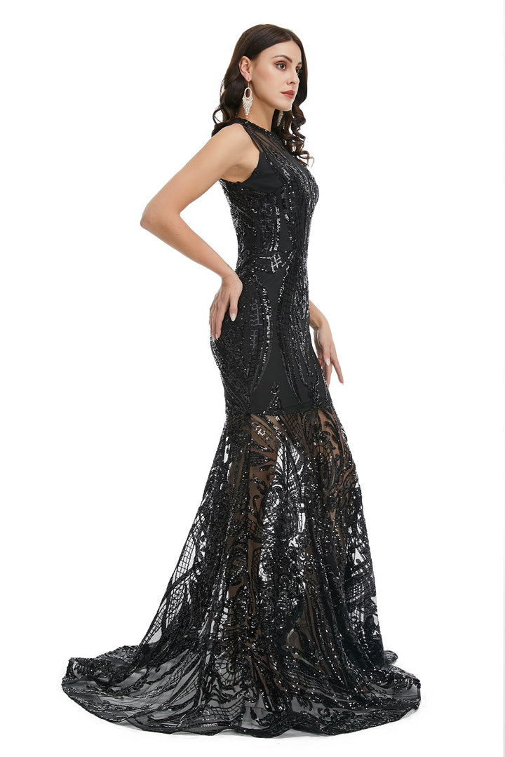 Sexy Black Sequins Maxi Mermaid Formal Prom Evening Dress EN5007