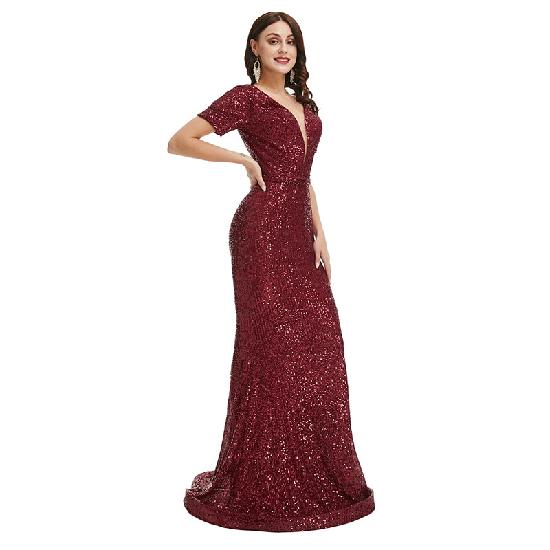 Sexy Burgundy Red Sparkly Maxi Fitted Formal Evening Dress EN5001