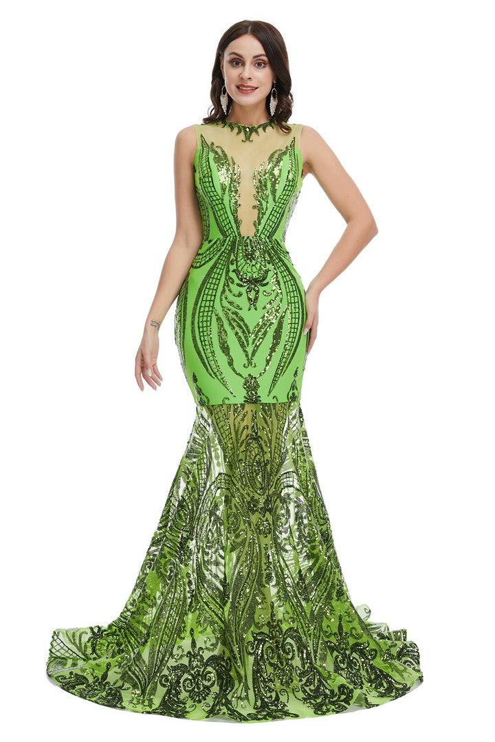 Sexy Green Sequins Maxi Mermaid Formal Prom Evening Dress EN5007