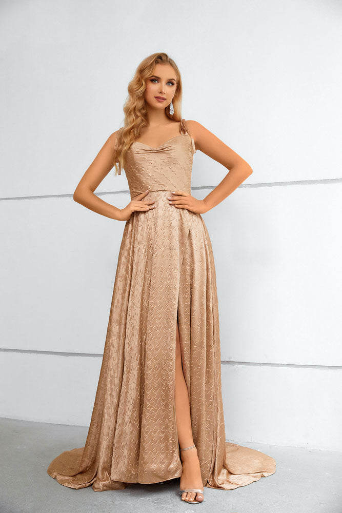 Tan Grecian Maxi Long Formal Prom Evening Dress with Slit EN5602