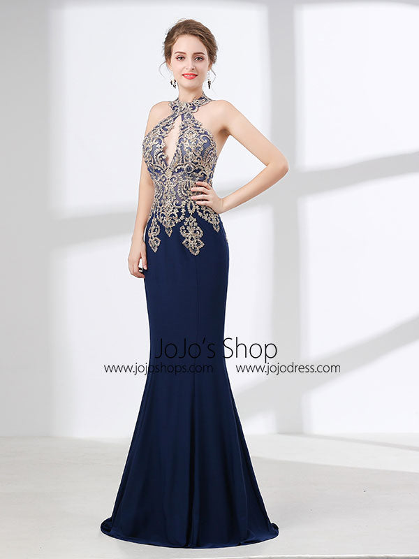 Navy Blue Halter Lace Formal Evening Dress Custom Size / Navy Navy Blue Halter Lace Formal Evening Dress Custom Size / Navy