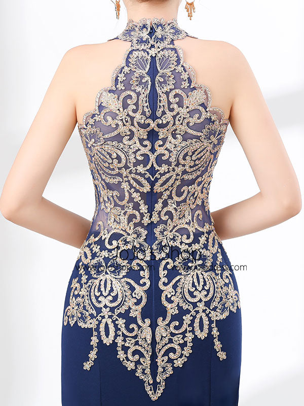 Navy Blue Halter Lace Formal Evening Dress Custom Size / Navy Navy Blue Halter Lace Formal Evening Dress Custom Size / Navy
