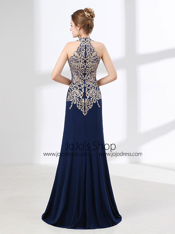 Navy Blue Halter Lace Formal Evening Dress