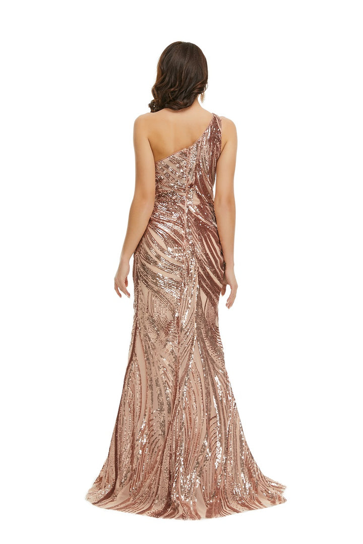 Sexy Rose Gold One Shoulder Maxi Formal Prom Dress with Side Slit EN5012