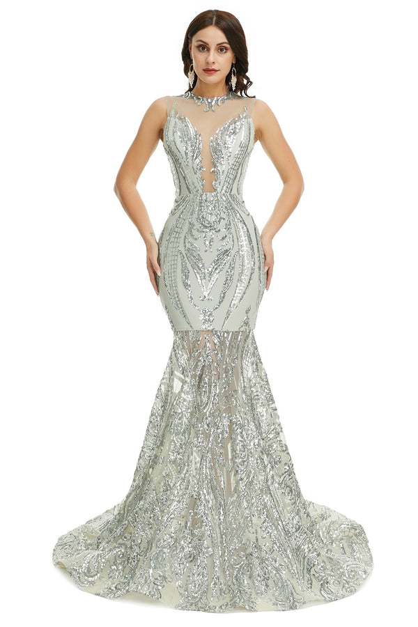 Sexy Silver Sequins Maxi Mermaid Formal Prom Evening Dress EN5007