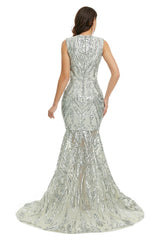 Sexy Silver Sequins Maxi Mermaid Formal Prom Evening Dress EN5007