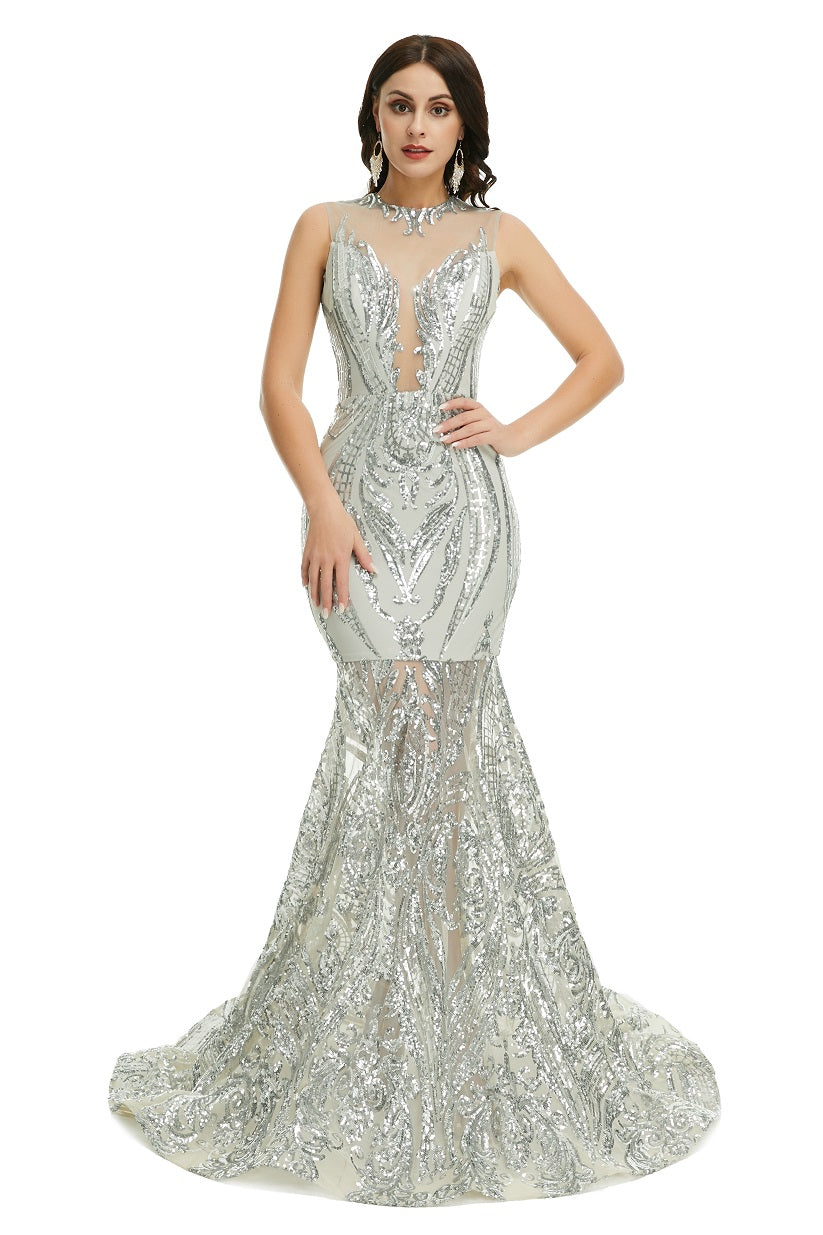 Sexy Silver Sequins Maxi Mermaid Formal Prom Evening Dress EN5007