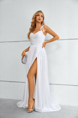 White Grecian Maxi Long Formal Prom Evening Dress with Slit EN5602