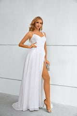 White Grecian Maxi Long Formal Prom Evening Dress with Slit EN5602