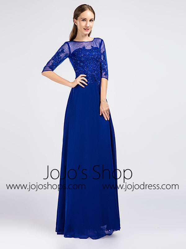 Royal Blue Modest Lace Formal Prom Evening Dress with Sleeves