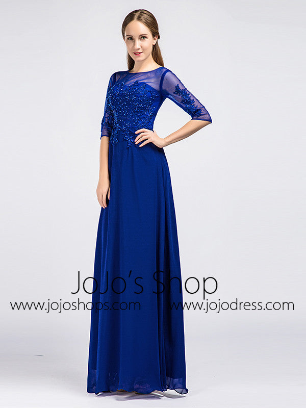 Royal Blue Modest Lace Formal Prom Evening Dress with Sleeves