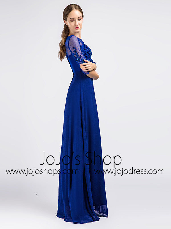 Royal Blue Modest Lace Formal Prom Evening Dress with Sleeves